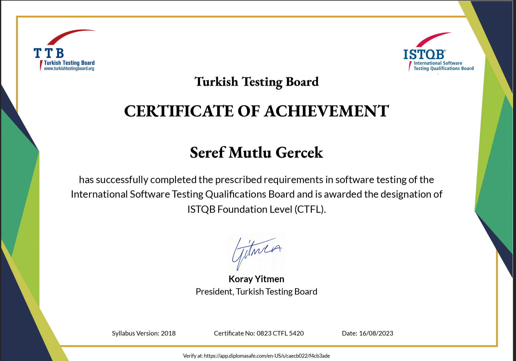 Ş. Mutlu Gerçel ISTQB Foundation Level Certificate